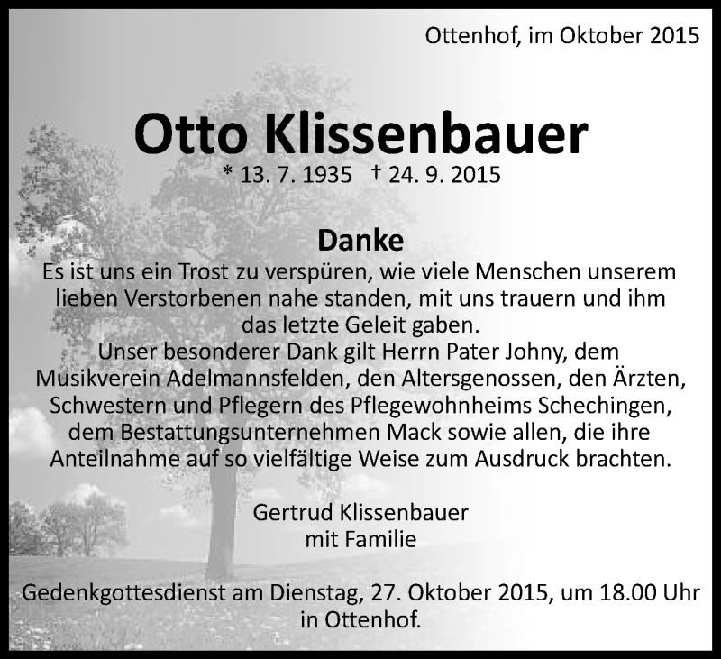  Traueranzeige für Otto Klissenbauer vom 24.10.2015 aus Schwäbische Post