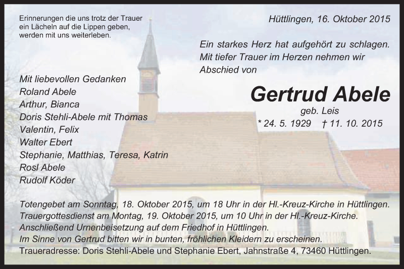  Traueranzeige für Gertrud Abele vom 16.10.2015 aus Schwäbische Post