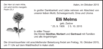 Traueranzeige von Elli Melms von Schwäbische Post