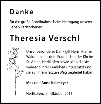 Traueranzeige von Theresia Verschl von Gmünder Tagespost