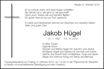 Traueranzeige von Jakob Hügel von Schwäbische Post