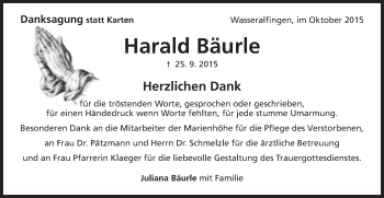Traueranzeige von Harald Bäurle von Schwäbische Post
