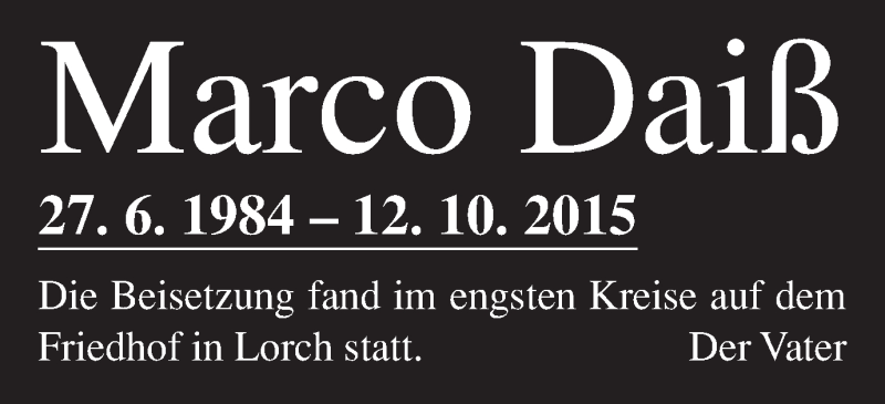  Traueranzeige für Marco Daiß vom 17.10.2015 aus Gmünder Tagespost
