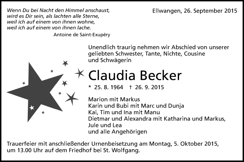  Traueranzeige für Claudia Becker vom 01.10.2015 aus Schwäbische Post