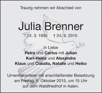 Traueranzeige von Nia Brenner von Schwäbische Post
