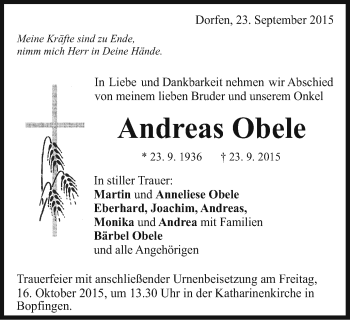 Traueranzeige von Andreas Obele von Schwäbische Post