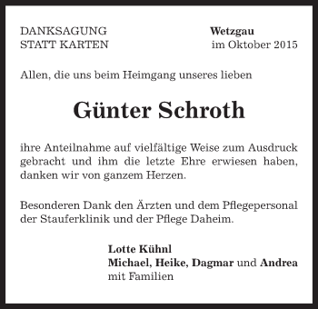 Traueranzeige von Günter Schroth von Gmünder Tagespost