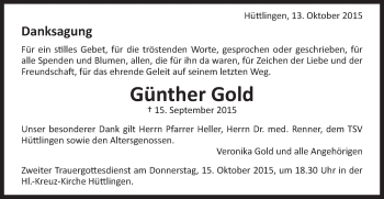 Traueranzeige von Günther Gold von Schwäbische Post