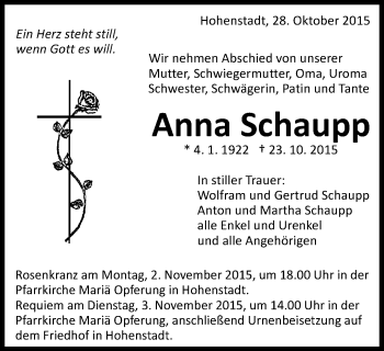 Traueranzeige von Anna Schaupp von Schwäbische Post