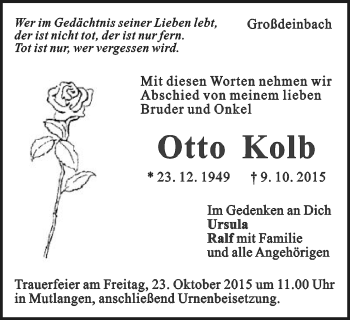 Traueranzeige von Otto Kolb von Gmünder Tagespost