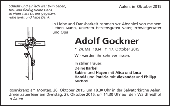 Traueranzeige von Adolf Gockner von Schwäbische Post