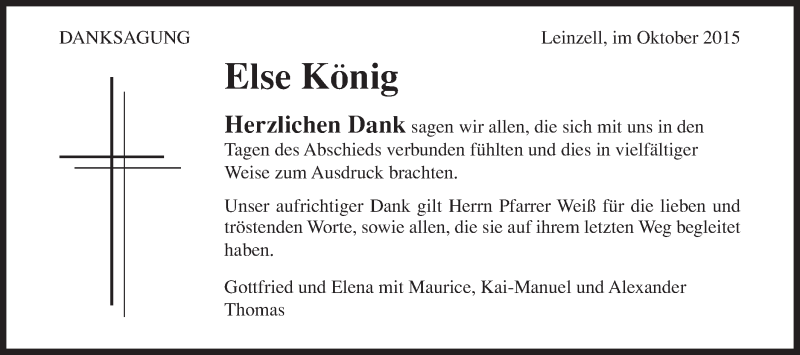  Traueranzeige für Else König vom 09.10.2015 aus Gmünder Tagespost