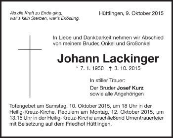 Traueranzeige von Johann Lackinger  von Schwäbische Post