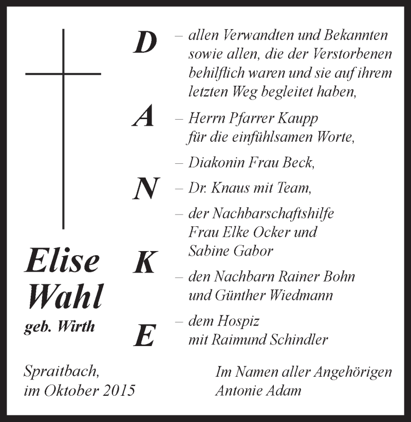  Traueranzeige für Elise Wahl vom 19.10.2015 aus Gmünder Tagespost