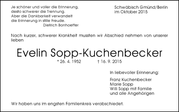 Traueranzeige von Evelin Sopp-Kuchenbecker von Gmünder Tagespost