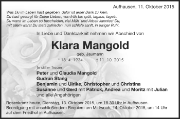 Traueranzeige von Klara Mangold von Schwäbische Post