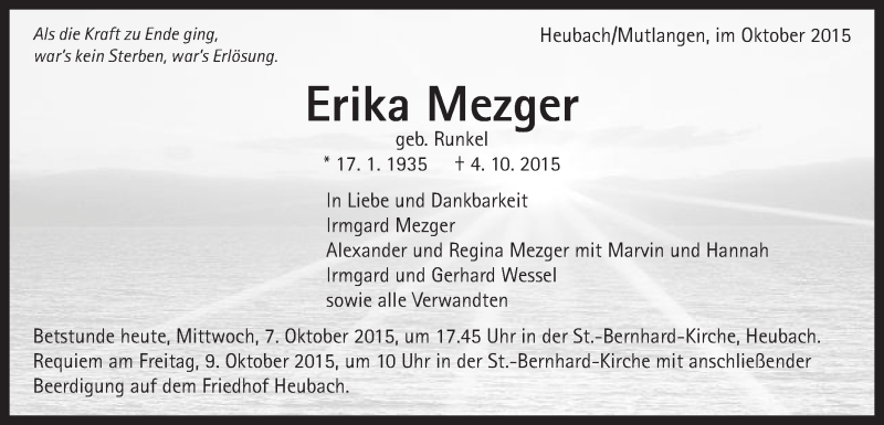  Traueranzeige für Erika Mezger vom 07.10.2015 aus Gmünder Tagespost