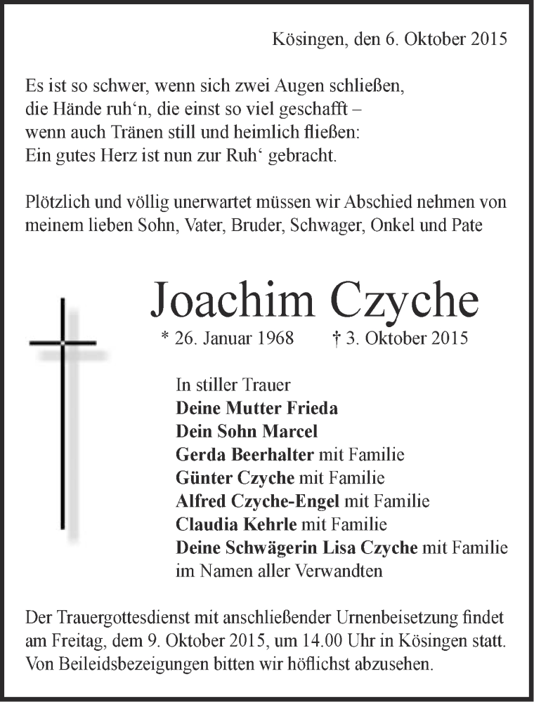  Traueranzeige für Joachim Czyche vom 06.10.2015 aus Schwäbische Post