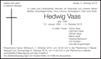 Traueranzeige von Hedwig Vaas von Schwäbische Post
