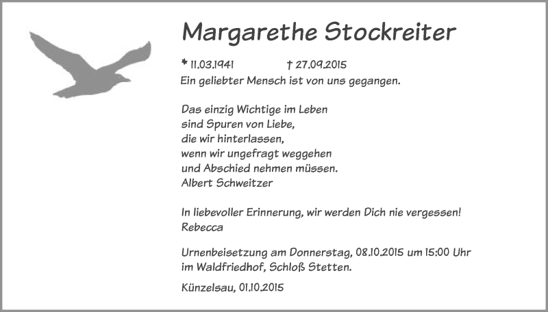  Traueranzeige für Margarethe Stockreiter vom 02.10.2015 aus Gmünder Tagespost