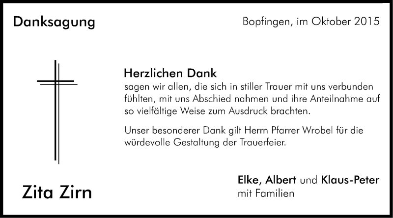  Traueranzeige für Zita Zirn vom 31.10.2015 aus Schwäbische Post