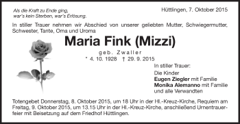 Traueranzeige von Maria Fink von Schwäbische Post