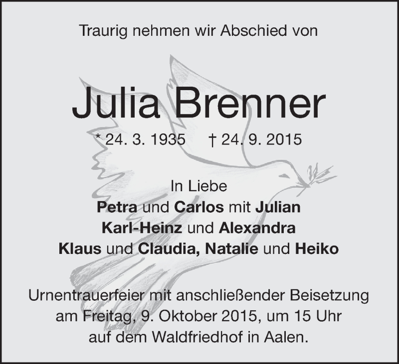  Traueranzeige für Nia Brenner vom 06.10.2015 aus Schwäbische Post