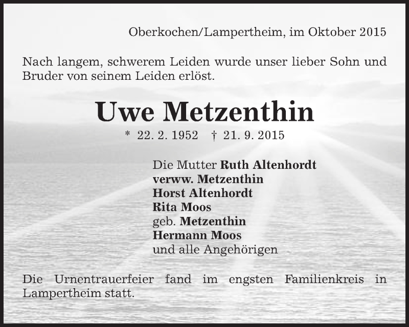 Traueranzeige für Uwe Metzenthin vom 13.10.2015 aus Schwäbische Post