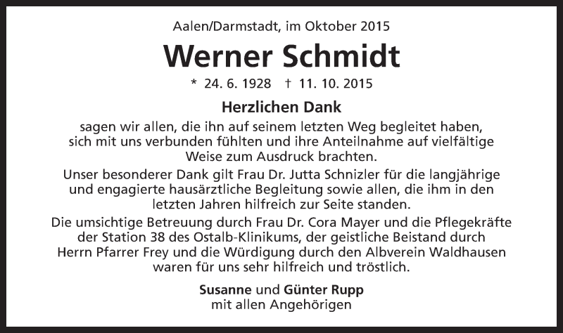  Traueranzeige für Werner Schmidt vom 31.10.2015 aus Schwäbische Post