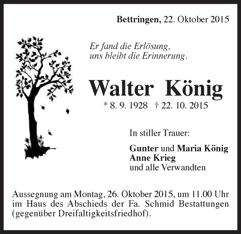  Traueranzeige für Walter König vom 23.10.2015 aus Gmünder Tagespost