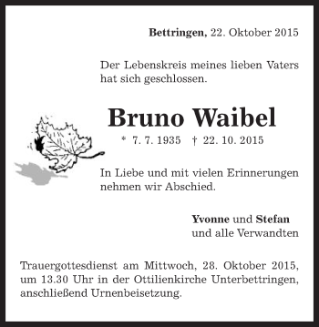 Traueranzeige von Bruno Waibel von Gmünder Tagespost