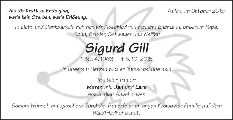  Traueranzeige für Sigurd Gill vom 14.10.2015 aus Schwäbische Post
