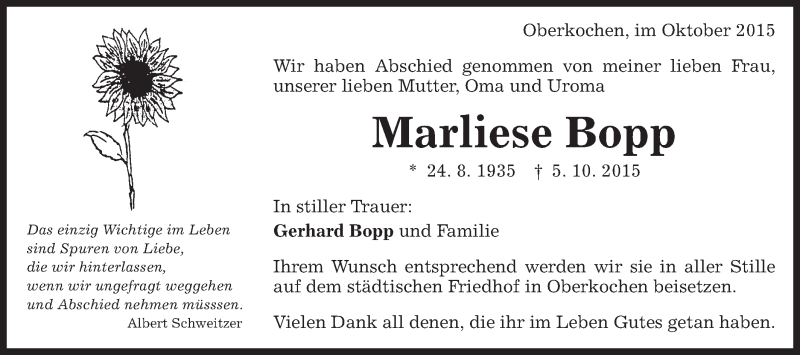  Traueranzeige für Marliese Bopp vom 09.10.2015 aus Schwäbische Post