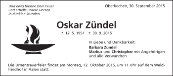 Traueranzeige von Oskar Zündel von Schwäbische Post