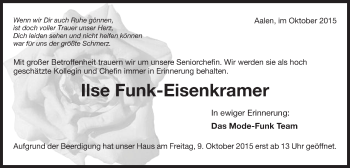Traueranzeige von Ilse Funk-Eisenkramer von Schwäbische Post