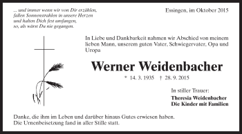 Traueranzeige von Werner Weidenbacher von Schwäbische Post
