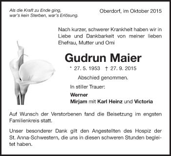 Traueranzeige von Gudrun Maier von Schwäbische Post