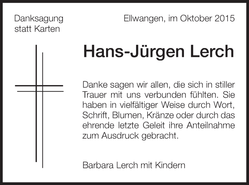  Traueranzeige für Hans-Jürgen Lerch vom 16.10.2015 aus Schwäbische Post