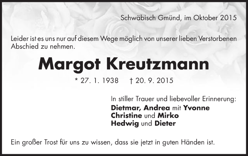  Traueranzeige für Margot Kreutzmann vom 02.10.2015 aus Gmünder Tagespost