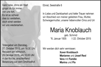 Traueranzeige von Maria Knoblauch von Schwäbische Post