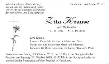 Traueranzeige von Zita Krause von Schwäbische Post
