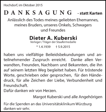 Traueranzeige von Dieter A. Kuberski von Gmünder Tagespost