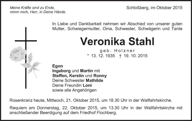  Traueranzeige für Veronika Stahl vom 21.10.2015 aus Schwäbische Post