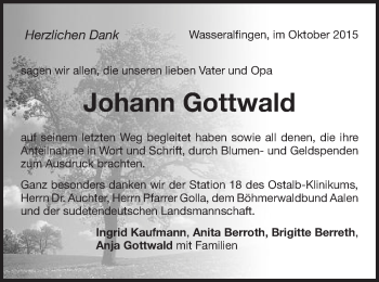 Traueranzeige von Johann Gottwald von Schwäbische Post