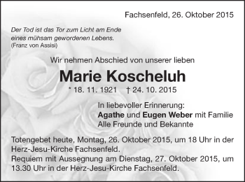 Traueranzeige von Marie Koscheluh von Schwäbische Post