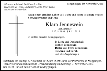 Traueranzeige von Klara Jennewein  von Gmünder Tagespost