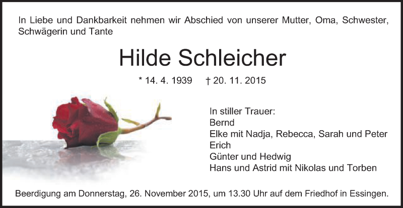  Traueranzeige für Hilde Schleicher vom 25.11.2015 aus Schwäbische Post