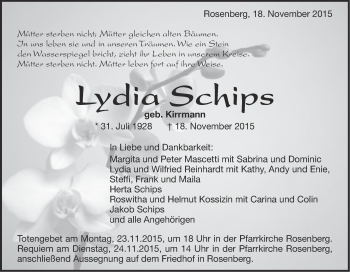 Traueranzeige von Lydia Schips von Schwäbische Post