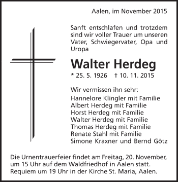 Traueranzeige von Walter Herdeg von Schwäbische Post