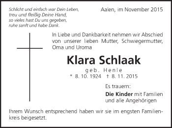 Traueranzeige von Klara Schlaak von Schwäbische Post